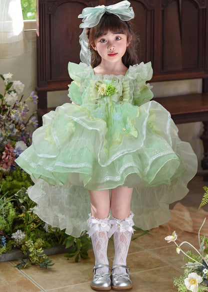 Beautiful Green Square Collar Floral Tulle Girls Maxi Dress Summer