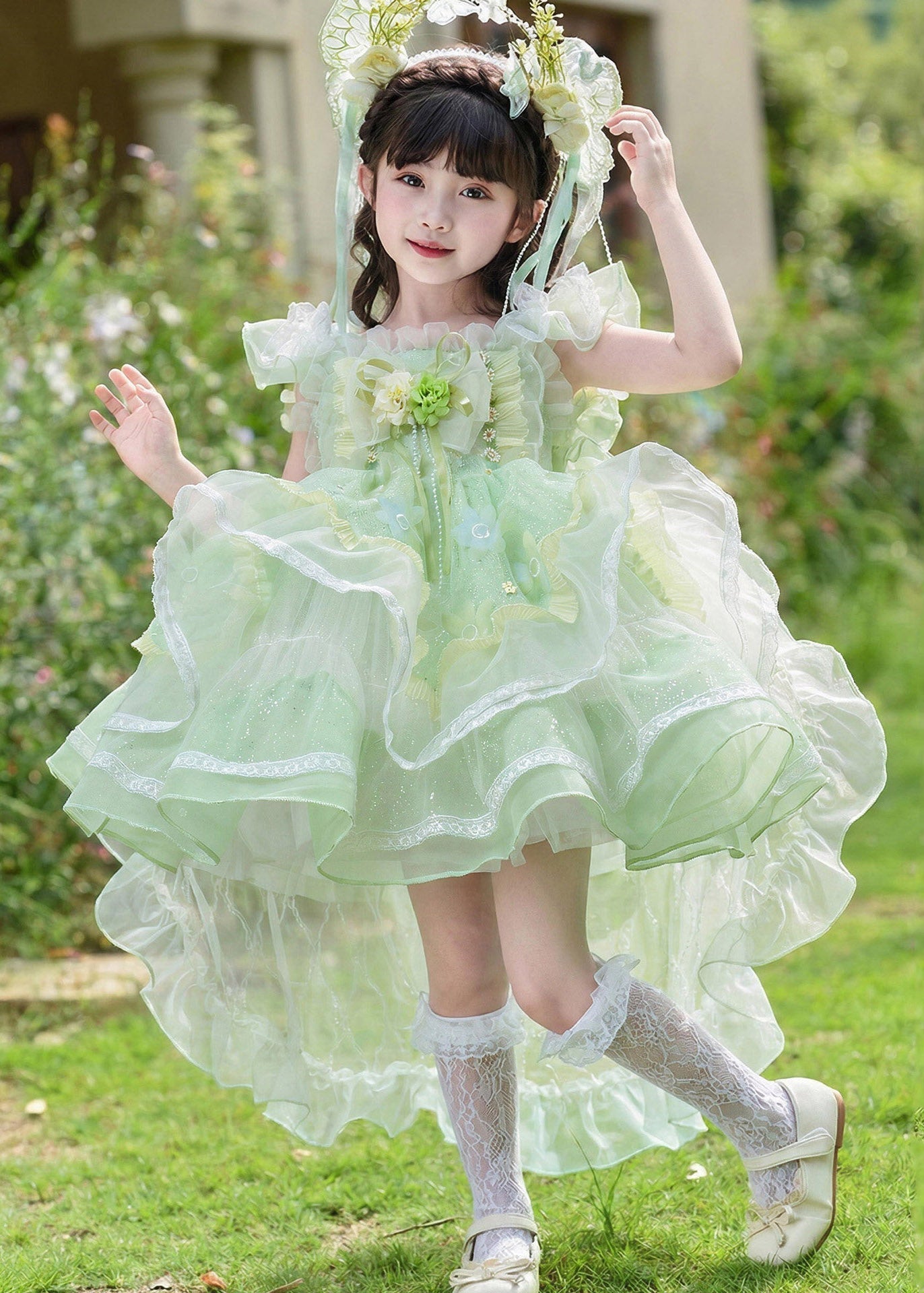 Beautiful Green Square Collar Floral Tulle Girls Maxi Dress Summer