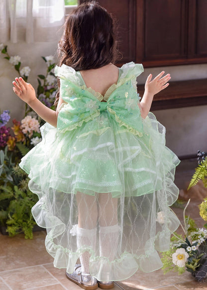 Beautiful Green Square Collar Floral Tulle Girls Maxi Dress Summer