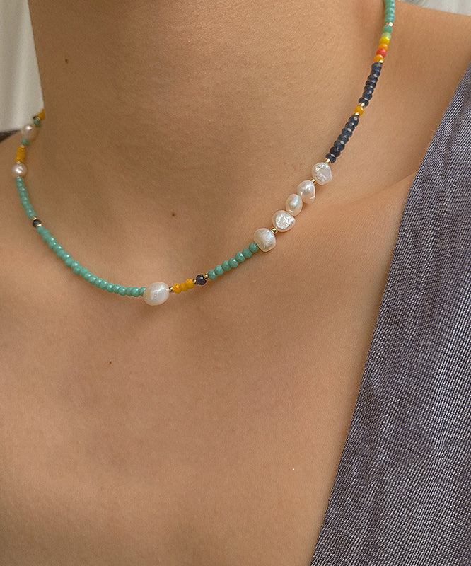 Hermoso collar de perlas de cristal doradas de acero inoxidable verde