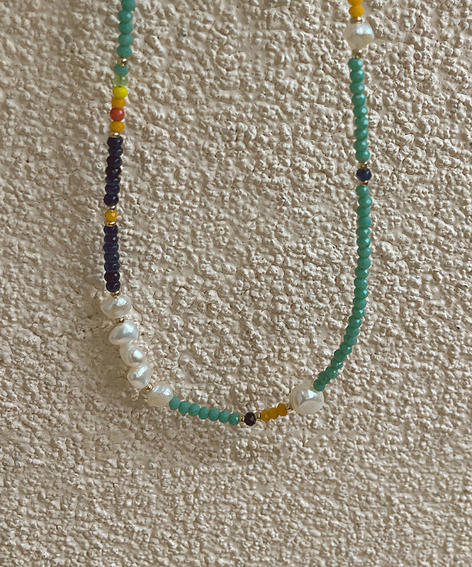 Hermoso collar de perlas de cristal doradas de acero inoxidable verde