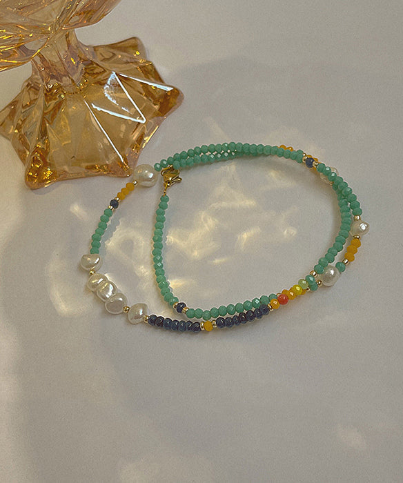 Hermoso collar de perlas de cristal doradas de acero inoxidable verde