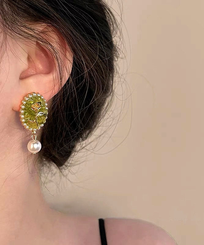 Wunderschöne grüne Tropfenohrringe aus Sterlingsilber mit Perlen und Harz