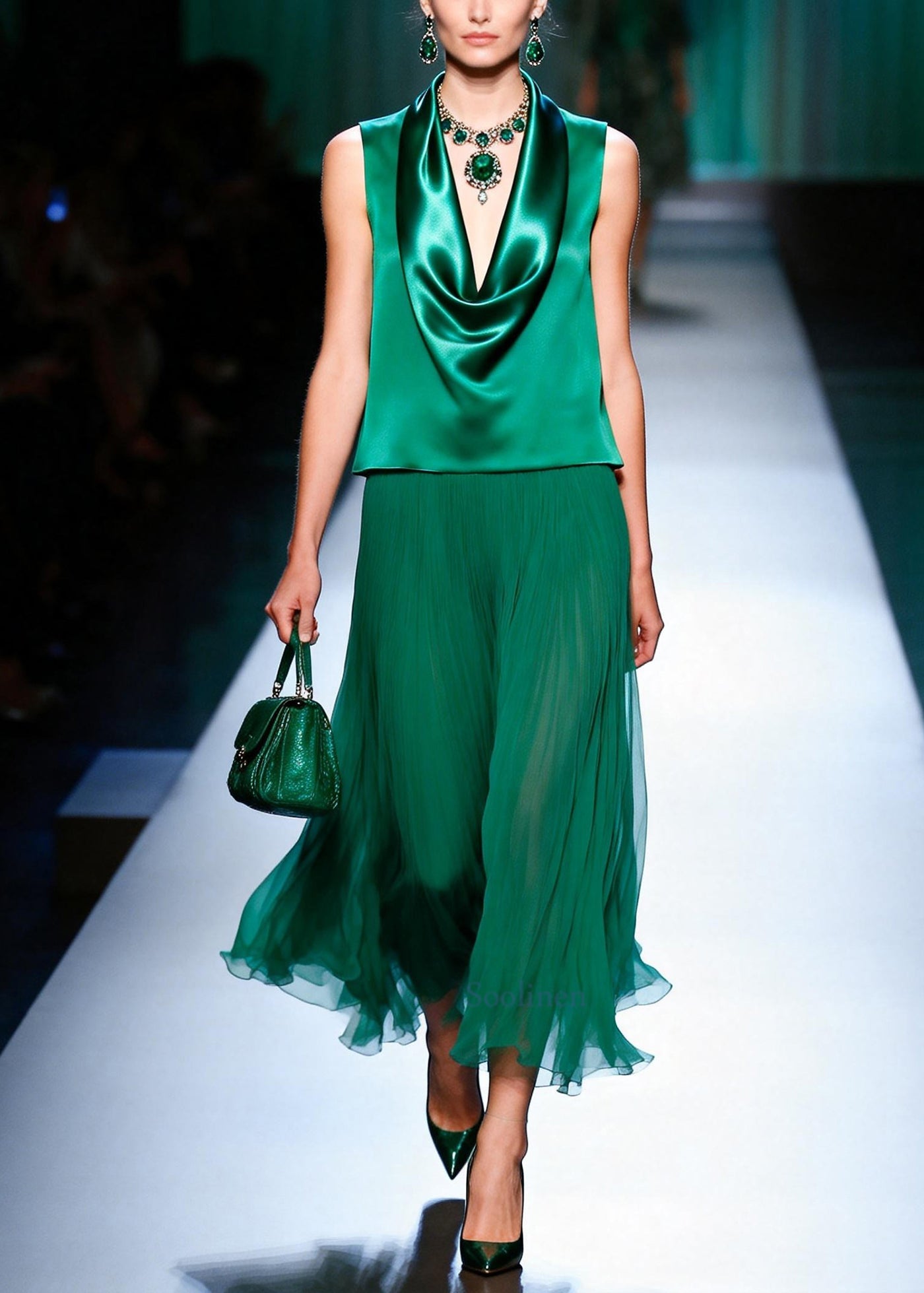 Beautiful Green Turtle Neck Patchwork Chiffon Fake Two Piece Dresses Sleeveless