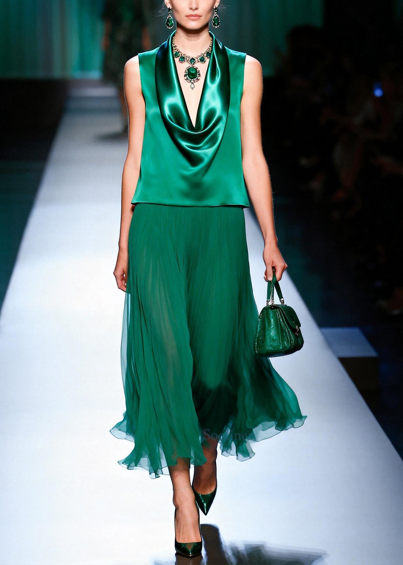 Beautiful Green Turtle Neck Patchwork Chiffon Fake Two Piece Dresses Sleeveless