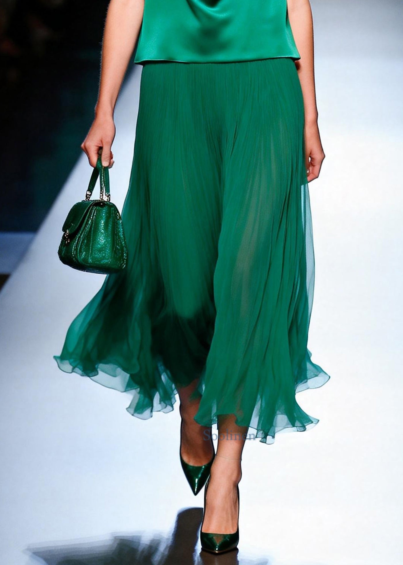 Beautiful Green Turtle Neck Patchwork Chiffon Fake Two Piece Dresses Sleeveless