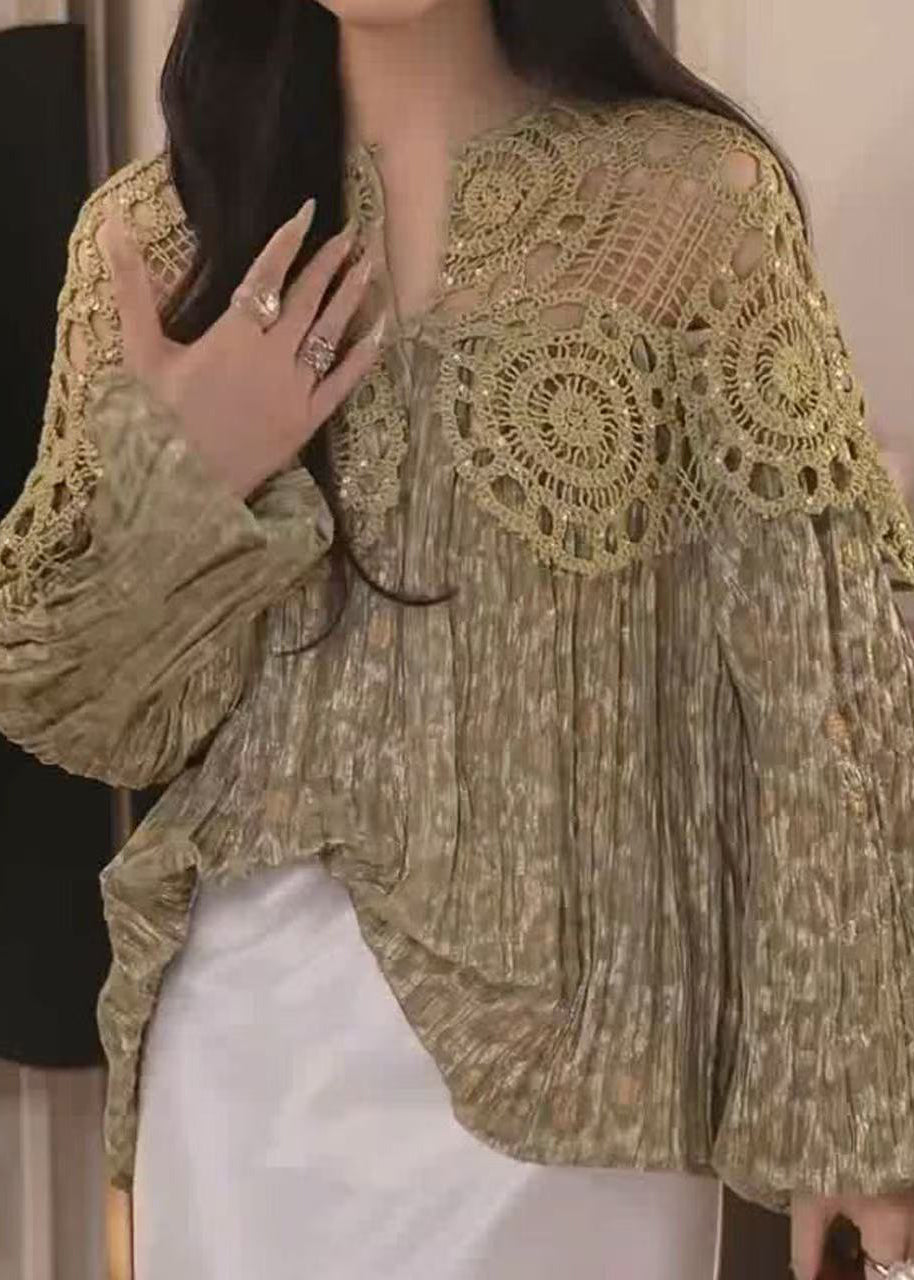 Beautiful Green V Neck Hollow Out Patchwork Cotton Shirt Fall