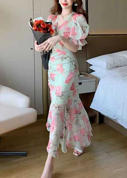 Schönes grünes V-Ausschnitt-Print Patchwork Chiffon Langes Kleid Sommer