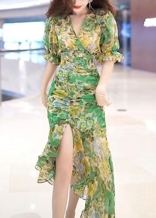 Schönes grünes V-Ausschnitt-Print Patchwork Chiffon Langes Kleid Sommer