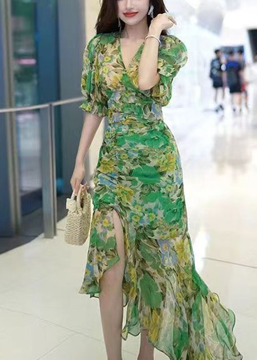 Schönes grünes V-Ausschnitt-Print Patchwork Chiffon Langes Kleid Sommer