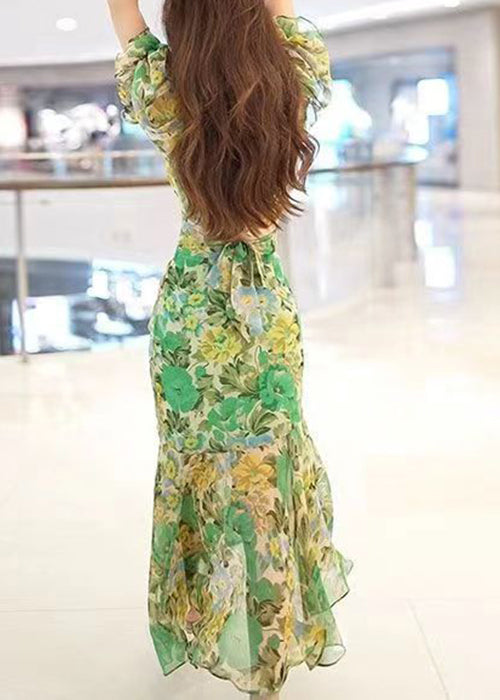 Schönes grünes V-Ausschnitt-Print Patchwork Chiffon Langes Kleid Sommer