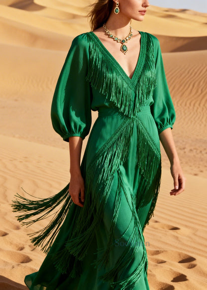 Beautiful Green V Neck Tasseled Chiffon Holiday Dresses Summer