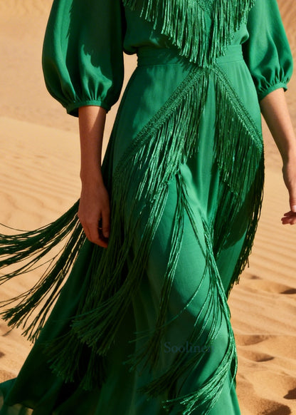 Beautiful Green V Neck Tasseled Chiffon Holiday Dresses Summer