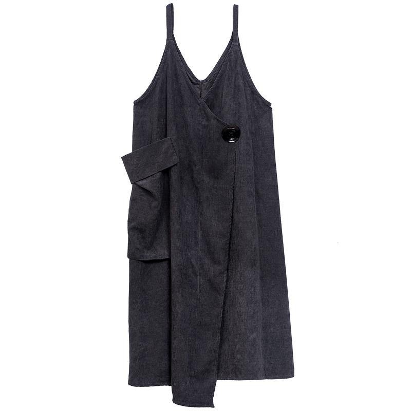 Beautiful Grey Asymmetrical Design Corduroy Cotton Sundress - SooLinen