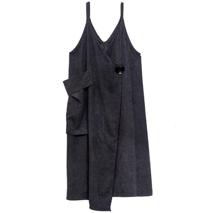Beautiful Grey Asymmetrical Design Corduroy Cotton Sundress - SooLinen
