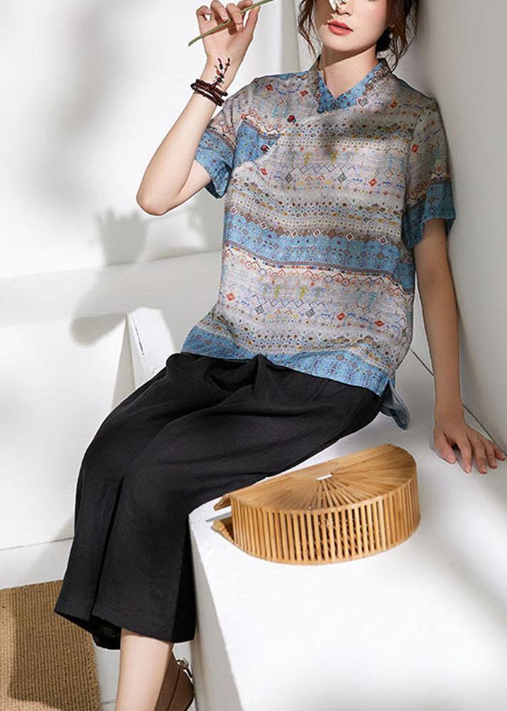 Beautiful Grey Blue Print Chinese Style Summer Ramie Short Sleeve Shirts - SooLinen