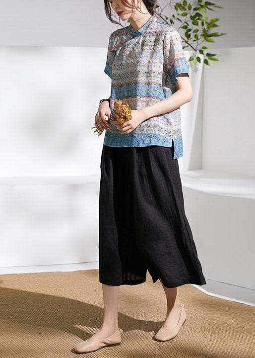 Beautiful Grey Blue Print Chinese Style Summer Ramie Short Sleeve Shirts - SooLinen