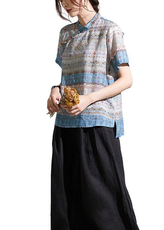 Beautiful Grey Blue Print Chinese Style Summer Ramie Short Sleeve Shirts - SooLinen