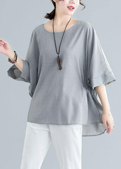 Beautiful Grey Cinched Cotton Blouse Tops Summer - SooLinen