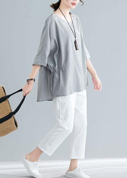 Beautiful Grey Cinched Cotton Blouse Tops Summer - SooLinen