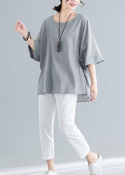 Beautiful Grey Cinched Cotton Blouse Tops Summer - SooLinen