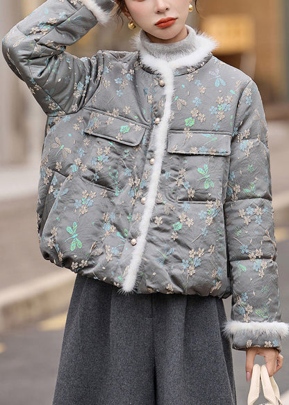 Hermosos abrigos de invierno de plumón de pato jacquard gris con cuello redondo