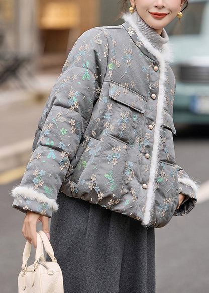 Hermosos abrigos de invierno de plumón de pato jacquard gris con cuello redondo