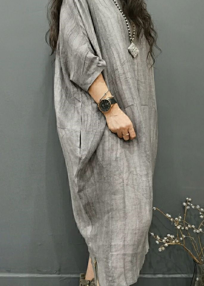 Beautiful Gray geometry O-Neck Wrinkled Side Open Linen Long Dress Batwing Sleeve