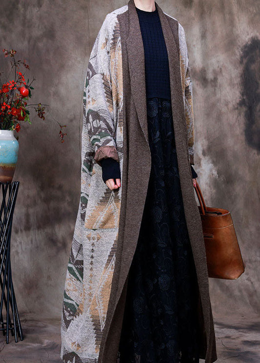 Schöne Grau Patchwork Print Strick Wollmäntel Winter