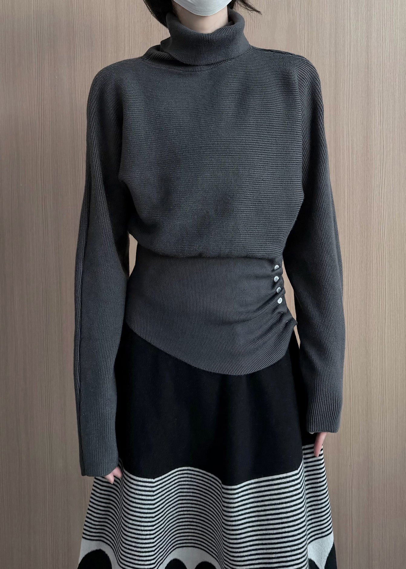 Beautiful Grey Turtle Neck Asymmetrical Design Knit Pullover Winter