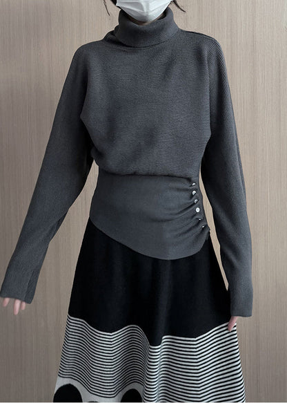 Beautiful Grey Turtle Neck Asymmetrical Design Knit Pullover Winter