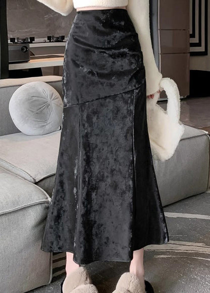 Wunderschöner khakifarbener Patchwork-Rock aus Seidensamt mit hohem Bund und Meerjungfrauensaum für den Frühling