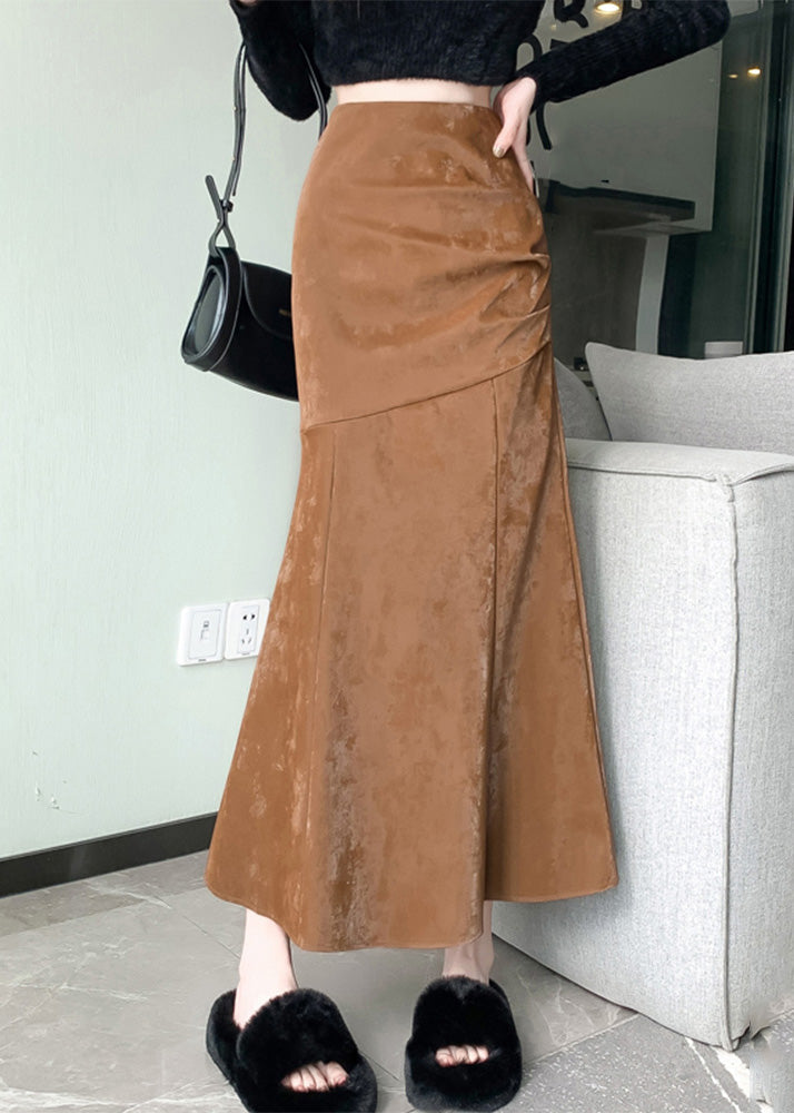 Wunderschöner khakifarbener Patchwork-Rock aus Seidensamt mit hohem Bund und Meerjungfrauensaum für den Frühling