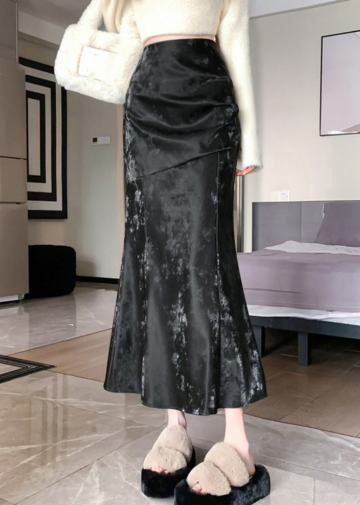 Wunderschöner khakifarbener Patchwork-Rock aus Seidensamt mit hohem Bund und Meerjungfrauensaum für den Frühling