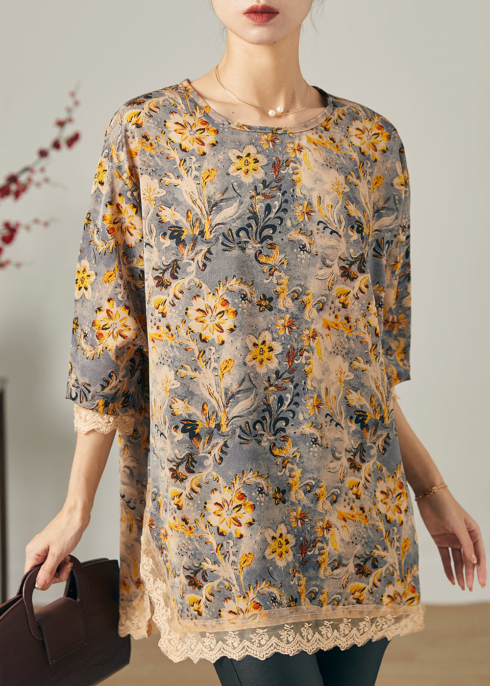 Schöne Khaki Oversize Patchwork Chiffon Shirts Frühling