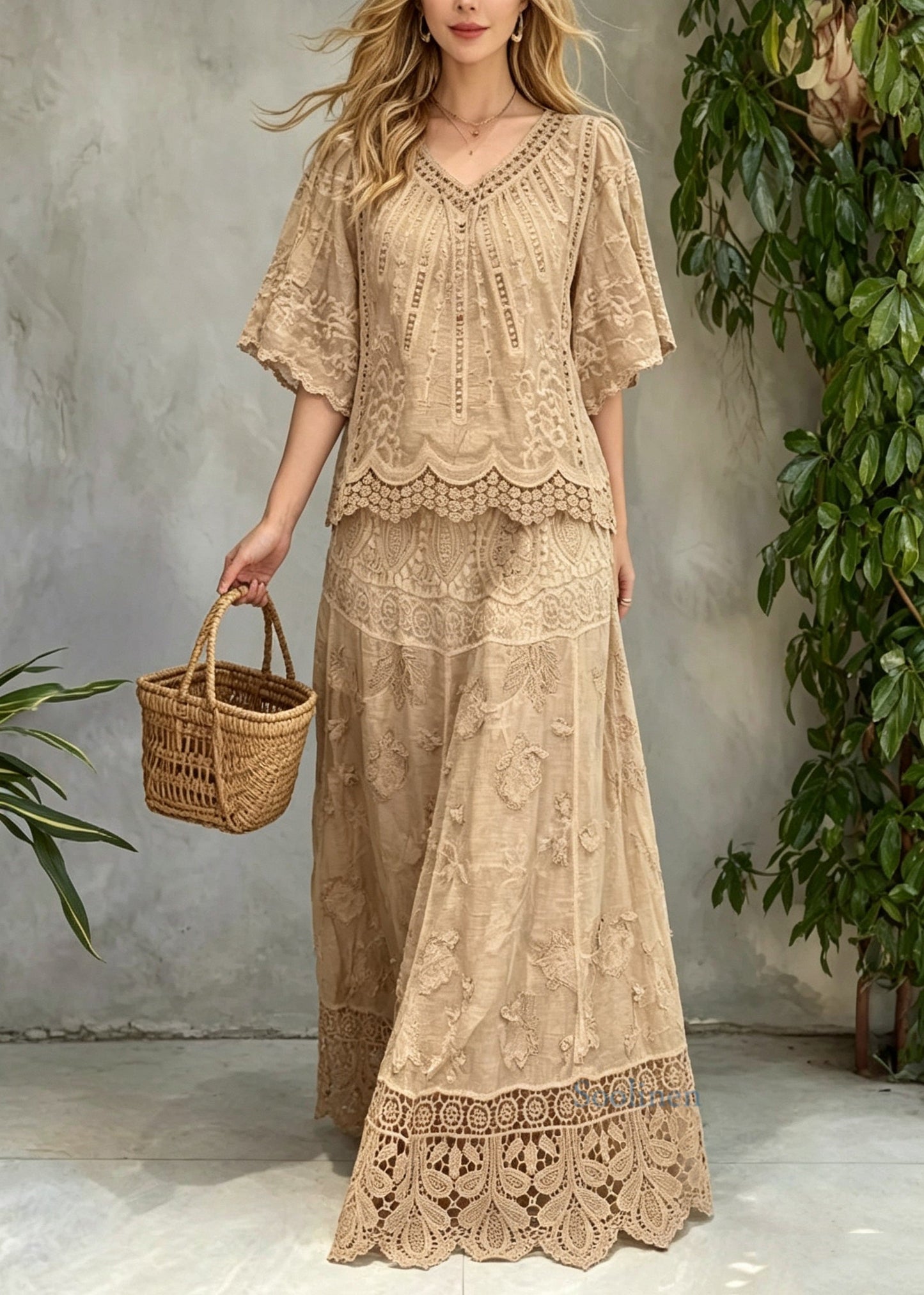 Beautiful Khaki V Neck Hollow Out Patchwork Lace Two Pieces Set Summer