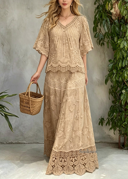 Beautiful Khaki V Neck Hollow Out Patchwork Lace Two Pieces Set Summer
