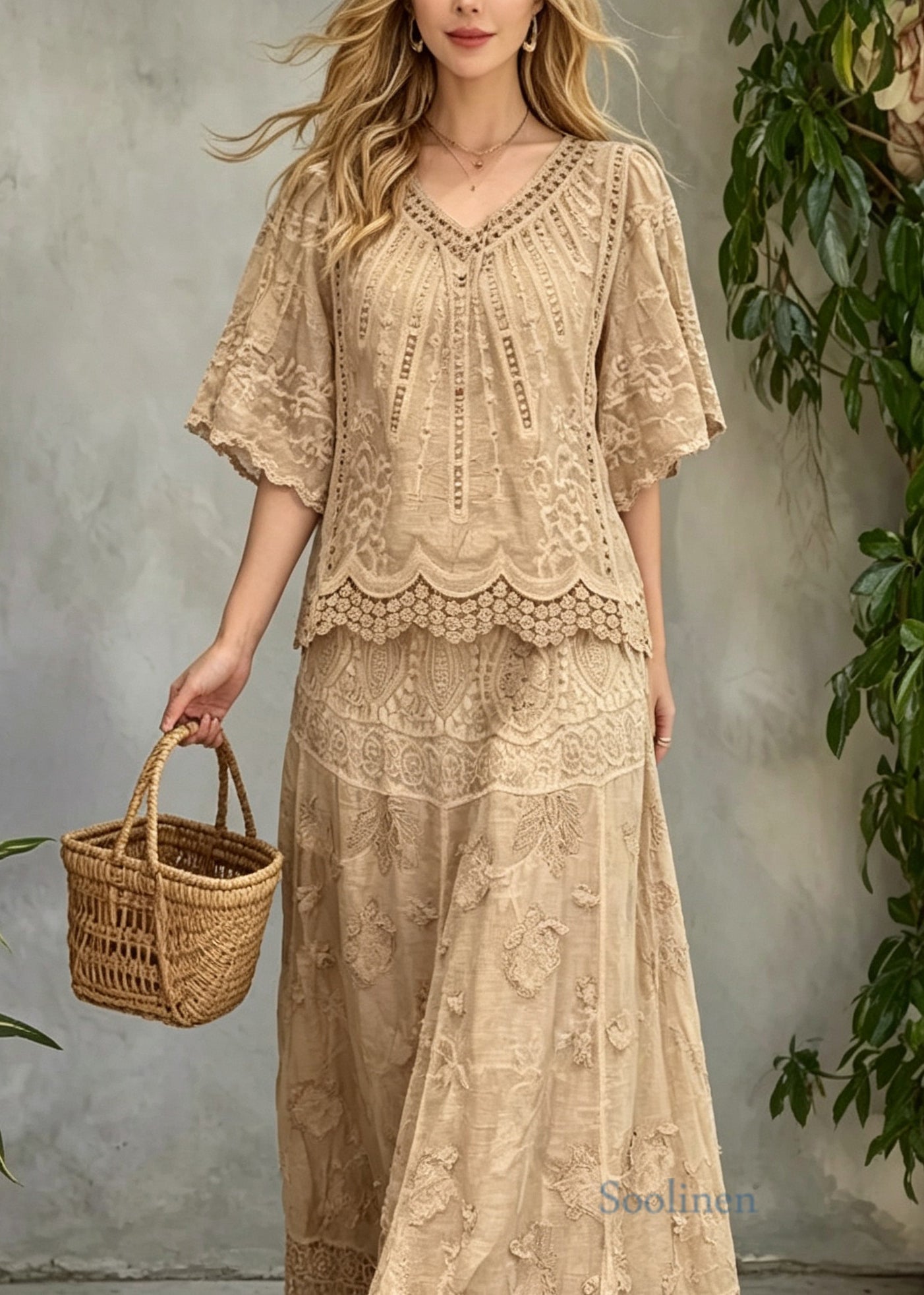 Beautiful Khaki V Neck Hollow Out Patchwork Lace Two Pieces Set Summer