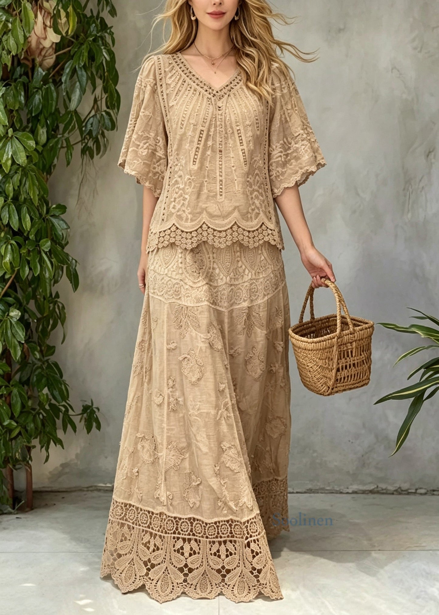 Beautiful Khaki V Neck Hollow Out Patchwork Lace Two Pieces Set Summer