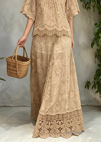 Beautiful Khaki V Neck Hollow Out Patchwork Lace Two Pieces Set Summer