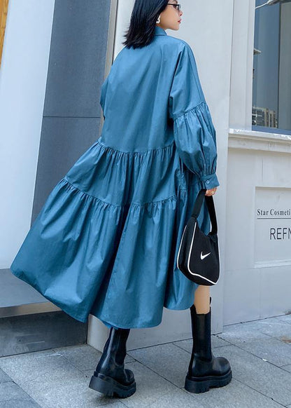 Beautiful Lapel Cinched Spring Clothes For Women Fabrics Blue Dresses - SooLinen