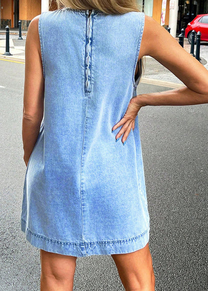 Beautiful Light Blue O-Neck Denim Mini Dress Sleeveless