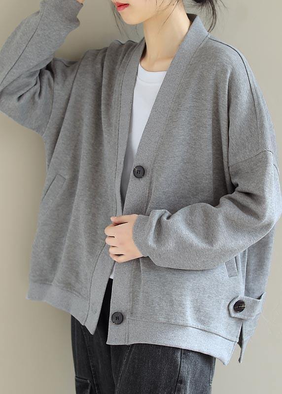 Beautiful Light Gray Top Quality Clothes Gifts V Neck Button Down Spring Jackets - SooLinen