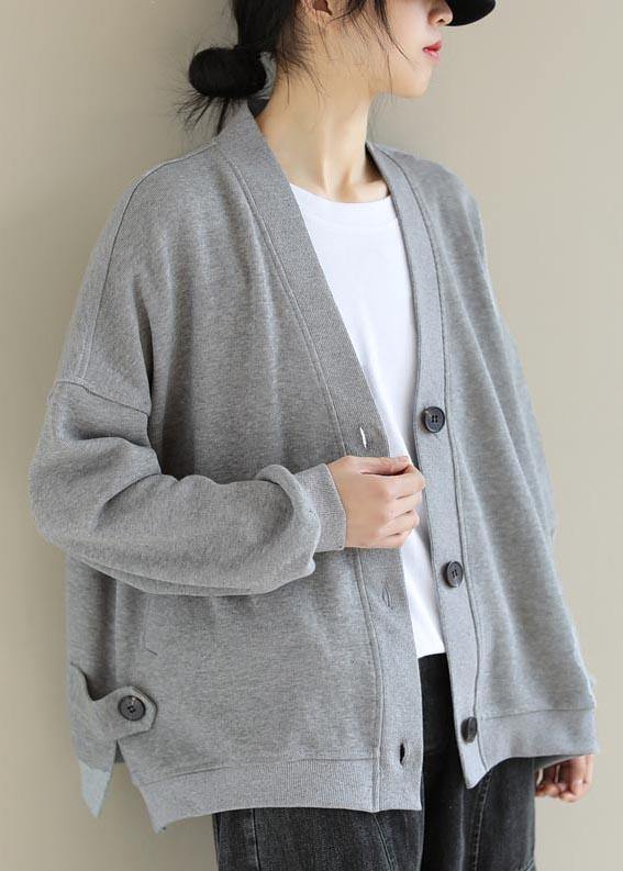 Beautiful Light Gray Top Quality Clothes Gifts V Neck Button Down Spring Jackets - SooLinen