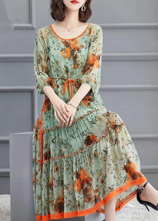 Schöne Hellgrün O-Ausschnitt Krawatte Taille faltig Seide Kleid Frühling