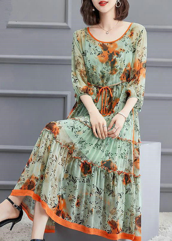 Schöne Hellgrün O-Ausschnitt Krawatte Taille faltig Seide Kleid Frühling