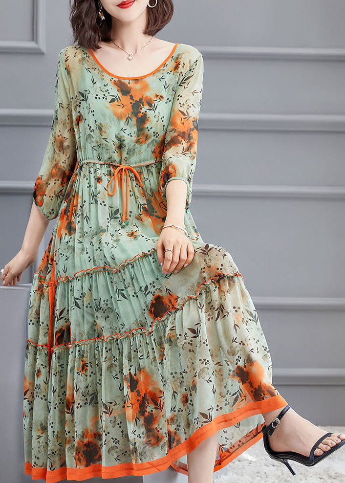 Schöne Hellgrün O-Ausschnitt Krawatte Taille faltig Seide Kleid Frühling