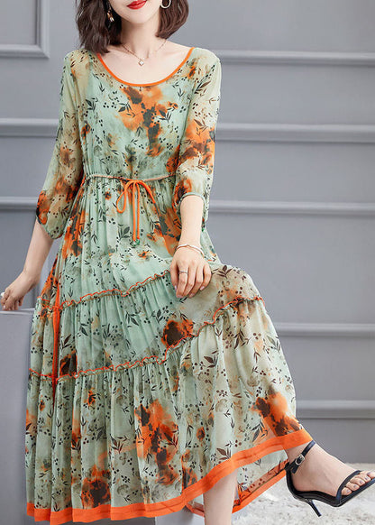 Schöne Hellgrün O-Ausschnitt Krawatte Taille faltig Seide Kleid Frühling