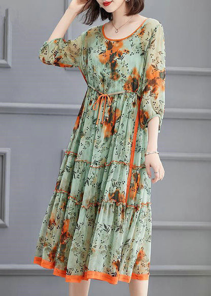 Schöne Hellgrün O-Ausschnitt Krawatte Taille faltig Seide Kleid Frühling