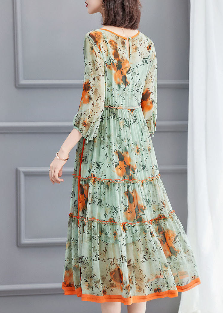 Schöne Hellgrün O-Ausschnitt Krawatte Taille faltig Seide Kleid Frühling